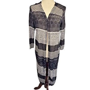 Chico’s 2 (L) Black &‎ White duster Stretchy Knit Thin Sweater Semi Sheer Ramie